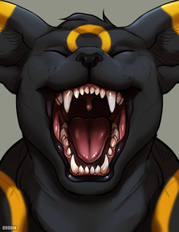 ambiguous_form ambiguous_gender black_body black_fur black_nose eyes_closed fangs front_view fur grey_background markings mouth_shot open_mouth red_tongue simple_background solo teeth text tongue yellow_markings roobin nintendo pokemon eeveelution generation_2_pokemon pokemon_(species) umbreon artist_name bust_portrait hi_res portrait