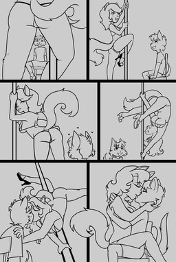 age_difference anthro big_breasts breasts butt clothing dancing duo eyes_closed female footwear fur hair heart_symbol high_heels hug kiss_on_lips kissing male male/female mature_anthro mature_female nipples nude pole pole_dancing shoes shota sitting size_difference smile young young_anthro /d/non hanna-barbera swat_kats ben_gally fan_character juliet_mcgrimal domestic_cat felid feline felis mammal absurd_res comic digital_drawing_(artwork) digital_media_(artwork) hi_res monochrome