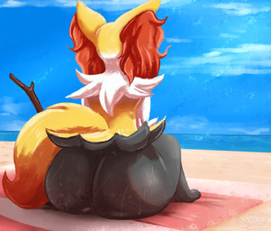 anthro beach big_butt bodily_fluids butt female fur huge_butt inner_ear_fluff markings nude outside presenting presenting_hindquarters rear_view sand seaside sitting solo stick sweat tail thick_thighs tuft water white_body white_fur wide_hips wood yellow_body yellow_fur dennhaze nintendo pokemon cecilia_(dennhaze) braixen generation_6_pokemon mammal pokemon_(species) digital_media_(artwork) hi_res