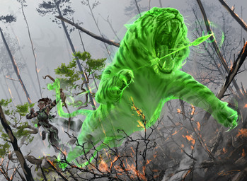 ambiguous_gender arrow_(weapon) black_hair bow_(weapon) breasts duo dutch_angle female feral fire forest glowing glowing_eyes green_body group hair holding_bow_(weapon) holding_object holding_ranged_weapon holding_weapon jumping open_mouth outside plant ranged_weapon translucent translucent_body tree weapon johannes_voss hasbro magic:_the_gathering wizards_of_the_coast vivien_reid felid human mammal pantherine spirit tiger 2017 official_art