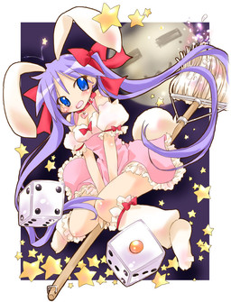 alternative_fashion armwear blue_eyes charm_(jewelry) cleaning_tool clothing cosplay cosplay_lolita d6 detached_sleeves dice female frilly hair j-fashion legwear lolita_(fashion) magical_girl_outfit mop pigtails purple_hair riding solo star straddling sweet_lolita unknown_artist di_gi_charat lucky_star hikaru_usada kagami_hiiragi animal_humanoid humanoid lagomorph lagomorph_humanoid leporid_humanoid mammal mammal_humanoid rabbit_humanoid digital_media_(artwork)