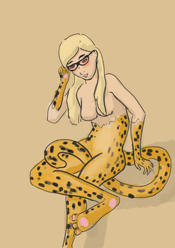 anthro biped black_markings black_spots blonde_hair blush breasts crossed_legs eyewear featureless_breasts female fur fur_growth glasses growth hair hand_on_head human_to_anthro legs_together looking_down looking_down_at_self markings mid_transformation nude open_mouth pawpads pink_pawpads plantigrade red_eyes ringed_eyes simple_background sitting sitting_on_ground solo species_transformation spiral split_form spots tail tail_between_legs three-quarter_view transformation unknown_year yellow_body stoneheron cheetah felid feline human mammal colored hi_res