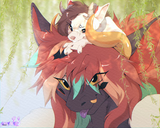 2_horns 4_horns accessory ambiguous_gender anthro bicolor_fur big_ears biped black_body black_fur blep blue_background blue_eyes blue_hair brown_hair carrying_another claws curved_horn digitigrade duo facial_markings fangs female fluffy fluffy_hair fluffy_tail fur grey_eyes hair hair_accessory hair_over_eye hair_tie happy head_horn head_markings horn looking_at_viewer lying male markings multi_horn multicolored_hair on_another on_head outline outside pink_nose purple_tongue red_hair red_markings simple_background size_difference smile standing tail tan_body tan_fur teeth tongue tongue_out white_body white_fur white_hair white_outline yellow_eyes yellow_sclera young young_female young_male shyryp mythology nintendo pokemon asya_toshiro shoto_(shyryp) canid canine canis dragon generation_4_pokemon hybrid lucario mammal mythological_creature mythological_scalie pokemon_(species) riolu scalie wolf 5:4 absurd_res digital_media_(artwork) hi_res portrait signature