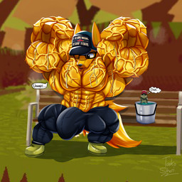 anthro big_bulge big_muscles bodily_fluids bulge clothed clothing dialogue duo feral huge_bulge huge_muscles hyper hyper_bulge hyper_muscles male muscular muscular_male solo_focus striated_muscles sweat text topless vein veiny_muscles taiko-sihori webfishing aquatic canid canine fish fox mammal 1:1 english_text hi_res