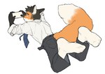 anthro black_body black_fur business_attire business_suit clothed clothing dipstick_tail electronics eyebrows facial_hair feet feet_in_air fluffy fluffy_tail foot_focus footwear fully_clothed fur humanoid_feet lying male markings mature_male necktie on_front on_phone orange_body orange_fur phone plantigrade simple_background socks solo suit tail tail_markings thick_eyebrows white_body white_clothing white_footwear white_fur white_socks milkybot canid canine fox mammal hi_res