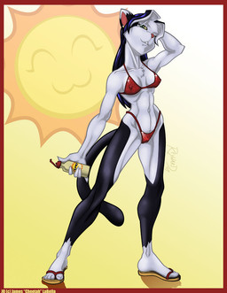 anthro bikini border camel_toe chest_tuft clothed clothing feet female footwear fur hindpaw paws pose red_border sandals shoes skimpy solo summer sun swimwear tail tanning_lotion tight_clothing toes tuft two-piece_swimsuit reynard86 cats_n'_cameras josephine_rodgers domestic_cat felid feline felis mammal 2007