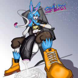 anthro balls big_balls big_penis bodily_fluids clothing cum cum_drip dripping excessive_cum excessive_genital_fluids footwear genital_fluids genitals huge_balls huge_penis hyper hyper_balls hyper_genitalia hyper_penis male penis shoes solo sweat unusual_bodily_fluids unusual_cum unusual_genital_fluids smiley nintendo pokemon smiley_(smiley) eeveelution generation_6_pokemon pokemon_(species) sylveon 1:1 absurd_res hi_res