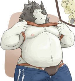 anthro barazoku belly bottomwear briefs bulge clothed clothing group humanoid_hands jockstrap male moobs navel nipples open_clothing open_shirt open_topwear overweight overweight_male pants shirt solo_focus topwear underwear malcus_pine misterbunny56 canid canine canis domestic_dog mammal 2015 hi_res