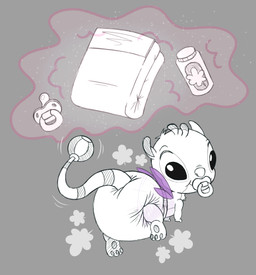 3_toes baby_powder clean_diaper diaper feet levitation looking_at_viewer looking_back looking_back_at_viewer object_in_mouth pacifier pacifier_in_mouth pawpads purple_wings rattle smile solo toes wings tenerius disney lilo_and_stitch babyfier alien experiment_(lilo_and_stitch) absurd_res hi_res