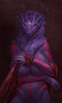 anthro big_breasts black_body black_skin breasts female hair horn looking_at_viewer nude red_eyes simple_background solo tattoo humbleguest yetzer_hara jinn synx hi_res