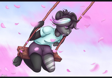 4_toes anthro bottomwear clothing eyelashes feet fur hair leg_markings male markings multicolored_body multicolored_fur multicolored_hair petals pink_eyes shirt short_ears shorts slim solo swing swinging toes topwear young naru_arai bjorn_(glazie) bear mammal