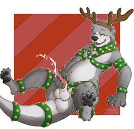 4_fingers 4_toes anklet anthro antler_headband bell belly black_nose black_pawpads bodily_fluids border collar cum cumshot ejaculation feet fingers fur genital_fluids genitals grey_body grey_fur hand_on_penis harness holidays jewelry looking_at_genitalia looking_at_penis looking_at_self looking_down looking_pleasured male masturbation multicolored_body multicolored_fur navel one_eye_closed pattern_background pawpads penile penile_masturbation penis red_background simple_background slightly_chubby slightly_chubby_anthro slightly_chubby_male solo striped_background tail toes two_tone_body two_tone_fur wearing_collar white_body white_border white_fur verdantotter christmas vern_(verdantotter) mammal mustelid otter 2024 digital_drawing_(artwork) digital_media_(artwork) english_description hi_res