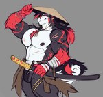 anthro asian_clothing bandage bandaged_arm barazoku big_muscles big_pecs black_body black_hair bracelet clothing east_asian_clothing fluffy fluffy_tail fur hair hat headgear headwear holding_object holding_weapon huge_muscles huge_pecs huge_thighs japanese_clothing jewelry katana looking_at_viewer male manly markings melee_weapon multicolored_body multicolored_fur multicolored_hair muscular muscular_anthro muscular_arms muscular_legs muscular_male muscular_thighs nipples pecs red_arms red_hair sharp_teeth smile soft_abs solo sun_hat sword tail teeth thick_arms thick_thighs weapon white_body mal_lock mal_(mal_lock) canid canine canis domestic_dog mammal