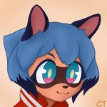 anthro blue_eyes blue_hair brown_body brown_fur clothed clothing ears_up female fully_clothed fur hair pink_eyes red_clothing smile solo yellow_eyes conditional_dnp shirsha brand_new_animal studio_trigger michiru_kagemori canid canine mammal raccoon_dog tanuki 1:1 absurd_res digital_media_(artwork) hi_res