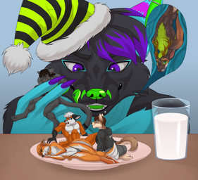 anthro bite black_body black_fur brown_body brown_fur claws female fur green_body green_fur group holidays licking licking_lips macro male male/female male/male micro milk nails orange_body orange_fur piercing predator/prey sleeping swallow_whole swallowing swallowing_alive tongue tongue_out tongue_piercing unwilling_prey vore white_body white_fur bluefurstar larry_canon christmas kiwi_dox(1fcz1lonewolf) larry(larry_canon) peter(mytreesonfire12) tyrawr zach_(zacharycarson) canid canine deer felid feline fox hybrid mammal absurd_res hi_res