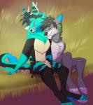 anthro black_hair blue_body blue_fur detailed_background duo eyes_closed fur grass grey_body grey_fur hair male male/male open_mouth plant sitting smile teeth tongue white_nose poisoned_(artist) canid canine hybrid mammal digital_media_(artwork) hi_res