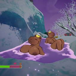 anthro areola bone brass_instrument breasts brown_body brown_fur casual_nudity cat_smile cliff clothing duo eyes_closed female food food_on_head fruit fruit_on_head fur gameplay_mechanics group hat headgear headwear hot_spring musical_instrument nipples nude object_on_head outside partially_submerged plant pointy_ears prick_ears screencap screencap_background shrub skeleton skinny_dipping snout snow stamina_bar topwear tree trio trumpet vest water wind_instrument holemann peak_(videogame) background_character scoutmaster_myres animated_skeleton capybara caviid humanoid mammal rodent undead 1:1 hi_res