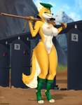 anthro blue_eyes clothing cloud colored_nails day detailed_background dog_tags eyewear female footwear fur genitals glasses grass gun hat headgear headwear looking_at_viewer mountain nails nipples one_eye_closed orange_body orange_fur outside pink_nipples plant pussy ranged_weapon rifle shooting_range sky smile sniper_rifle socks solo teeth toeless_footwear toeless_socks weapon white_body white_fur white_nails wink foormer sek_studio squirrel_and_hedgehog lt._fox_vixen canid canine fox mammal absurd_res hi_res