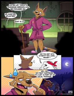 anthro band-aid band-aid_on_face bandage bandage_on_face bathrobe brown_body brown_fur bulge cane clothing dialogue footwear fur group male mature_male night overweight overweight_anthro overweight_male robe sewer shoes slippers text whiskers el_booki teenage_mutant_ninja_turtles bebop master_splinter raphael_(tmnt) rocksteady mammal murid murine rat reptile rhinoceros rodent scalie suid suine sus_(pig) turtle wild_boar comic english_text hi_res url