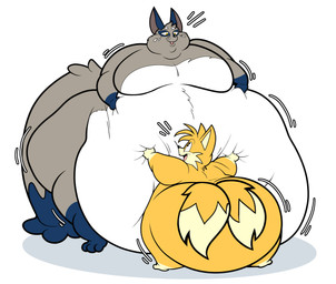 2_tails anthro belly belly_squish big_belly big_tail duo hug huge_belly male male/male morbidly_obese multi_tail obese overweight squish tail young floofyboyetime nintendo pokemon sega sonic_the_hedgehog_(series) miles_prower canid canine fox generation_8_pokemon mammal nickit pokemon_(species) absurd_res hi_res