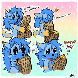 anthro blue_body blue_fur food fur humor male multicolored_body multicolored_fur no_pupils solo syrup waffle yellow_body yellow_fur gurocuck cockwaffle monster_energy rain_world videocult astral_(jeddy) slugcat 1:1 hi_res meme