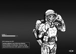 anthro armor backpack clothing female gameplay_mechanics headgear helmet loading_bar loading_screen military_helmet military_uniform panties progress_bar radiation radiation_burn smile solo text underwear uniform hladilnik fallout microsoft samantha_thott canid canine canis domestic_dog ghoul_(fallout) mammal 2023 black_and_white english_text hi_res monochrome