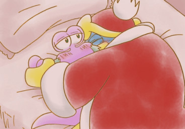 anthro beak bed blue_body blue_feathers blush clothed clothed/nude clothed_male clothing duo facial_hair feathers furniture green_eyes hat headgear headwear intimate male male/male mature_anthro mature_male nude nude_male purple_body robe yellow_beak chasoba11 kirby:_right_back_at_ya! kirby_(series) nintendo escargoon king_dedede avian bird gastropod mollusk penguin snail japanese_description