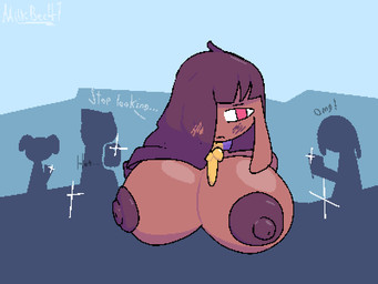 anthro areola being_watched big_breasts blush breasts brown_body brown_fur brown_hair clothed clothing crowd dialogue embarrassed female fur group hair huge_breasts looking_at_another nipples public recording red_eyes solo_focus text topless milkbee47 90_percent_studios purrfect_apawcalypse ginger_claret bloodhound canid canine canis domestic_dog hunting_dog mammal scent_hound 2024 4:3 english_text
