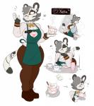 amber_eyes anthro apron beverage breasts clothed clothing container cup ear_piercing female fully_clothed grey_hair hair hair_over_eye holding_object one_eye_obstructed piercing short_hair simple_background solo uniform white_background kilinah yvette_(kilinah) felid feline leopardus mammal ocelot 2019 hi_res multiple_images