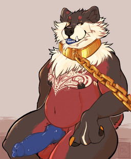 animal_genitalia animal_penis anthro armpit_hair balls biped black_body black_fur black_nose blue_penis blue_tongue body_hair canine_genitalia canine_penis chain claws collar fluffy fluffy_chest fur genitals gesture hand_gesture knot leash looking_at_viewer male metal_collar nipples penis pointing red_body red_fur sitting slightly_chubby solo teeth tongue underbite white_body white_fur yellow_claws yellow_eyes gremm akita canid canine canis domestic_dog mammal spitz hi_res