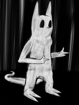 2_toes 3_fingers ambiguous_anthro ambiguous_gender anthro black_nose casual_nudity empty_eyes feet finger_gun fingers gesture hand_gesture looking_aside looking_away looking_to_right nude_ambiguous nude_anthro pointing pointing_to_the_side solo standing toes qopdop rain_world videocult fan_character slugcat 3:4 black_and_white monochrome
