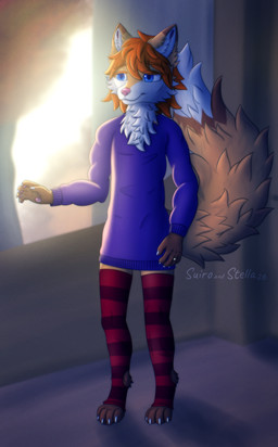 anthro autumn blue_clothing blue_eyes blue_sweater blue_topwear brown_body brown_fur cheek_tuft clothing day detailed_background dipstick_tail facial_tuft femboy fluffy fluffy_tail footwear fur guard hair handpaw legwear male markings messy_hair neck_tuft orange_body orange_fur paws pink_nose plant red_hair socks sweater tail tail_markings thigh_highs thigh_socks topwear tree tuft stellaamoris satri_merrywether_(bluerosabrier) canid canine fox mammal red_fox true_fox absurd_res digital_media_(artwork) digital_painting_(artwork) hi_res painting_(artwork)