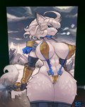 abs ahoge anthro armor armored_gloves big_breasts biped black_nose black_outline blue_choker blue_clothing blue_eyes blue_jewelry blue_legwear blue_necklace blue_thigh_highs bracers breasts camel_toe censored_genitalia censored_nipples censored_pussy choker clitoris_outline clothing collarbone curvy_anthro curvy_female detailed_background dipstick_ears dipstick_tail ear_markings eye_through_hair eyelashes eyelashes_through_hair female female_anthro flowing_hair fluffy fluffy_hips fluffy_tail frowning_at_viewer fur furrowed_eyebrows genitals grey_tail hair half-closed_eyes hip_tuft holding_melee_weapon holding_object holding_polearm holding_spear holding_weapon humanoid_genitalia humanoid_pussy inner_ear_fluff jewelry legwear markings medium_hair melee_weapon mountain_background multicolored_ears narrowed_eyes navel necklace nipple_dip nipple_outline one-piece_swimsuit outline pointy_ears polearm prick_ears pupils pussy pussy_floss sidemouth skimpy_bottomwear skindentation sky sling_bikini slit_pupils snout snow solo spear standing swimwear tail tail_markings thick_thighs thigh_highs translucent translucent_hair tuft unconvincing_armor unnecessary_censorship weapon white_body white_dipstick_tail white_fur white_inner_ear_fluff wide_hipped_anthro wide_hipped_female snao unicorn_overlord vanillaware dinah_(unicorn_overlord) canid canine fox mammal 2025 censored colored dated digital_media_(artwork) digital_painting_(artwork) english_description portrait signature three-quarter_portrait