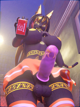 anthro areola balls big_balls big_breasts big_penis biped black_body black_hair black_skin bodily_fluids bottomwear breasts city clothing condom dark_body dark_skin ear_piercing erection genitals grin gynomorph hair holding_object huge_penis humanoid_genitalia humanoid_penis intersex legwear long_hair looking_at_viewer looking_down low-angle_view markings nipples penis piercing sexual_barrier_device sharp_teeth skirt smile solo sweat sweaty_balls sweaty_genitalia sweaty_legs tail teeth thigh_highs tongue tongue_out touching_tongue wearing_condom yellow_eyes hydras_lair nyaasapphire_(modeler) egyptian_mythology middle_eastern_mythology mythology raven_(nyaasapphire) deity hybrid 3d_(artwork) absurd_res digital_media_(artwork) hi_res