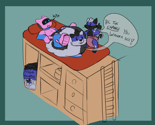 anthro big_diaper biped border changing_table clean_diaper clothed clothing dialogue diaper diaper_change diaper_only diaper_package diaper_transformation digitigrade dot_eyes featureless_feet featureless_hands feet female gesture green_background green_border group hand_gesture ladder lying male on_back plantigrade pointing pointing_up simple_background simple_eyes size_difference smaller_female text topless trio wearing_diaper young m3g4 fylvex_(m3g4) mega_(m3g4) animate_inanimate canid canine canis diaper_creature domestic_cat domestic_dog felid feline felis mammal synth_(vader-san) 2025 artist_name dated digital_media_(artwork) english_text flat_colors hi_res sketch