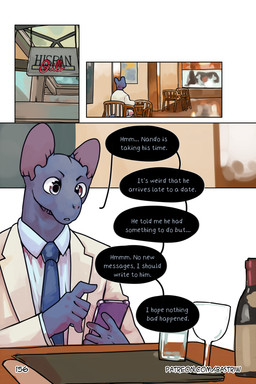 alcohol anthro beverage biped clothed clothing container cup dialogue drinking_glass electronics formal_wear fully_clothed glass glass_container glass_cup looking_at_object looking_at_phone male phone restaurant solo text wine wine_bottle wine_glass worried_for_other bastriw pato_(bastriw) domestic_cat felid feline felis mammal 2:3 comic english_text hi_res