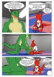 green_body karate karate_belt keikogi martial_arts_uniform red_body sportswear tatami text hector21314 bandai_namco digimon crocodile crocodilian digimon_(species) guilmon reptile scalie absurd_res comic hi_res translation_request