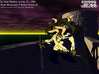 2_heads anthro battlement biped female melee_weapon multi_head pose solo standing sunset sword tail text weapon al_mackey sarah_blackmane canid canine canis mammal wolf 1996 4:3 english_text signature url