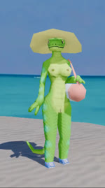 anthro bag beach breasts clothing day female footwear genitals green_body green_scales hat headgear headwear low_poly mostly_nude nipples outside pussy scales sea shoes solo tail tongue water mikrofagi reptile scalie snake 3d_(artwork) 3d_animation animated digital_media_(artwork) hi_res no_sound short_playtime webm