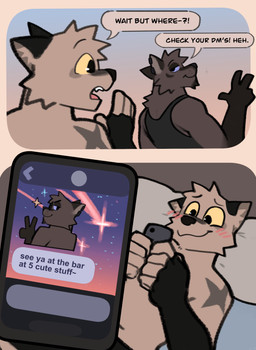 2_panel_comic 5_fingers anthro arm_markings arm_warmers armwear blue_sclera blush bottomwear brown_body cellphone clothed clothing dialogue duo ear_piercing electronics fingers holding_cellphone holding_object holding_phone lying male male/male markings muscular muscular_male navel on_back open_mouth pecs phone piercing shirt shorts shoulder_markings smartphone smile star_(marking) tank_top text topless topwear yellow_sclera rygel_spkb milo_(rygel_spkb) yoby_(rygel_spkb) canid canine canis domestic_dog mammal wolf absurd_res comic english_text hi_res multiple_scenes