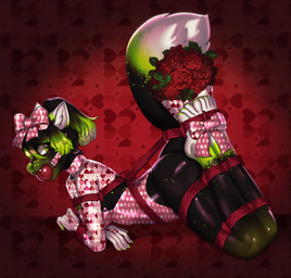 anthro ball_gag bdsm blush bondage bound bow_ribbon clothing collar female flower fluffy fluffy_tail gag gift holidays inner_ear_fluff latex latex_clothing plant restraints rope rope_bondage rope_harness solo tail tuft arh valentine's_day neon_(the_furry_ninja) canid canine fox mammal hi_res