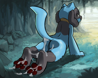 3_toes ambiguous_gender angry annoyed black_eyes blue_body blue_fur bodily_fluids butt cave cum cum_on_butt cum_on_feet cum_on_tail detailed_background feet feral foot_focus fur genital_fluids grass hindpaw looking_back lying morning nude pawpads paws plant rear_view shadow soles solo sun tail toes under_shade waking_up conditional_dnp dacad nintendo pokemon canid canine generation_4_pokemon mammal pokemon_(species) riolu 2016 5:4 digital_media_(artwork)