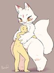 anthro blush claws duo featureless_crotch female fluffy fluffy_tail fur hug male male/female size_difference tail thick_thighs white_body white_fur yellow_eyes razy domestic_cat felid feline felis human mammal hi_res signature