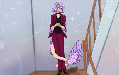 anthro biped black_clothing black_shirt black_topwear bottomwear choker clothed clothed_anthro clothed_male clothing elbow_feathers eyewear feathered_tail feathers femboy fingers front_view glasses hair happy humanoid_hands inside jacket jewelry long_tail looking_at_viewer male medium_hair multicolored_body multicolored_scales necklace open_clothing open_jacket open_topwear pants purple_body purple_eyes purple_feathers purple_hair purple_scales red_bottomwear red_clothing red_jacket red_pants red_topwear round_glasses scales shadow shirt smile solo sparkles stairs standing tail tan_body tan_scales topwear two_tone_body two_tone_scales yeik_art cavemanon_studios goodbye_volcano_high ko_op_(game_developer) snoot_game sage_(gvh) dinosaur dromaeosaurid microraptor prehistoric_species reptile saurischian scalie theropod absurd_res colored full-length_portrait hi_res portrait shaded