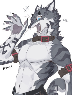 2_horns 5_fingers anthro arm_strap arm_tattoo athletic athletic_anthro athletic_male belt biceps black_claws black_horn blue_eyes bottomwear brown_bottomwear brown_clothing claws clothed clothed_anthro clothed_male clothing collar countershade_arms countershade_face countershade_hands countershade_neck countershade_tail countershade_torso countershading facial_markings fangs fingerpads fingers front_view fur gesture greeting grey_body grey_fur grey_markings grey_sclera grey_stripes head_horn head_markings horn looking_down male markings navel open_mouth open_smile pawpads pecs pupils purple_pawpads purple_tongue short_horn simple_background slit_pupils small_horn smile snout solo striped_markings striped_shoulders striped_tail stripes tail tail_markings tattoo teeth text tongue tongue_showing topless topless_anthro topless_male waving white_background white_body white_countershading white_inner_ear kuromonsart felid mammal 2022 absurd_res artist_name colored dated digital_drawing_(artwork) digital_media_(artwork) english_text half-length_portrait hi_res portrait