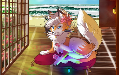 accessory anus beach butt cheek_tuft clitoris collar detailed_background facial_tuft female feral floor flower flower_in_hair fluffy fluffy_butt fluffy_chest fluffy_tail fur fur_markings garden genitals hair hair_accessory humanoid_genitalia inside jewelry lamp leaf leg_markings light lying markings multicolored_body multicolored_ears multicolored_hair neck_tuft neon_lights nude on_side orange_body pawpads paws pendant pillow pink_pawpads plant portcullis presenting presenting_hindquarters raised_leg raised_tail sand sea seaside sky smile solo spikes spikes_(anatomy) sunlight tail tile tile_floor tongue tongue_out tuft vulva water wave white_body ballistic_(artist) nintendo pokemon soulsong_(celestial_wolf) canid dusk_lycanroc generation_7_pokemon lycanroc mammal pokemon_(species) digital_drawing_(artwork) digital_media_(artwork) hi_res