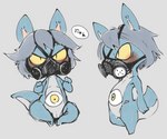 angry anthro blue_body blue_fur blush countershading dialogue fur gas_mask grey_background grey_hair hair looking_at_viewer looking_away mask simple_background sitting solo stomach_eye tail text young young_anthro doneru felid feline mammal japanese_text