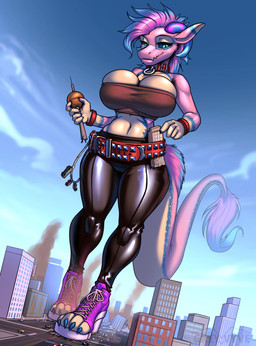 5_fingers anthro belly belt big_breasts biped blue_body blue_claws blue_eyes blue_fur blue_hair blue_horn blue_sclera breasts brown_clothing brown_topwear building car_on_belt claws clothed clothed_anthro clothed_female clothed_macro clothing collar countershade_accent cracked cracked_ground cracks curved_horn destroyed_building destruction destruction_of_property dipstick_ears ear_markings female female_anthro finger_claws fingers footwear fully_clothed fully_clothed_anthro fully_clothed_female fur hair hand_on_building holding_building horn latex latex_clothing latex_leggings latex_legwear leggings legwear macro macro_anthro macro_female macro_holding_building mature_female midriff multicolored_ears pink_arms pink_body pink_clothing pink_ears pink_footwear pink_fur pink_hair pink_horn pink_inner_ear pink_shoes pink_tail_tuft property_damage pupils purple_clothing purple_footwear purple_horn purple_shoes red_belt red_collar red_wristband reflective_clothing shoes sky slit_pupils solo stealing_building stealing_car stealing_tower stealing_vehicle studded_belt studs tail tail_hair tail_mane tail_tuft topwear tuft walking wedge_(footwear) wedge_sneakers white_belly white_body white_breasts white_ear_tips white_fur white_hands greyvyve krystal_(darkmaster781) wickerbeast hi_res