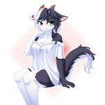 anthro black_body black_ears black_fur black_hair black_tail blush clothed clothing female fluffy fluffy_tail fur green_eyes hair heterochromia horn looking_at_viewer multicolored_body multicolored_fur multicolored_hair off_shoulder red_eyes solo tail two_tone_body two_tone_fur two_tone_hair white_body white_ears white_fur white_hair white_tail fluffy_hinu mythology rebiah_(fluffy_hinu) dragon furred_dragon furred_scalie mythological_creature mythological_scalie scalie 1:1 hi_res