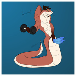 2_penises 4_arms abs animal_genitalia anthro belly biceps big_muscles biped border erection exercise facial_hair fin fingers flexing forked_tongue genital_slit genitals gloves_(marking) goatee green_eyes horn leg_markings legless legless_dragon looking_at_viewer male markings multi_arm multi_genitalia multi_limb multi_penis muscular muscular_anthro muscular_male nude orange_body pecs penis pose presenting presenting_penis shark_tail shark_teeth sharp_teeth simple_background smile smirk socks_(marking) solo standing tail teeth teeth_showing text tongue tongue_out unusual_anatomy unusual_tail weightlifting white_belly white_body white_border workout bbear mythology aquatic dragon fish mythological_creature mythological_scalie reptile scalie shark snake 1:1 2025 absurd_res dated digital_media_(artwork) hi_res pinup signature